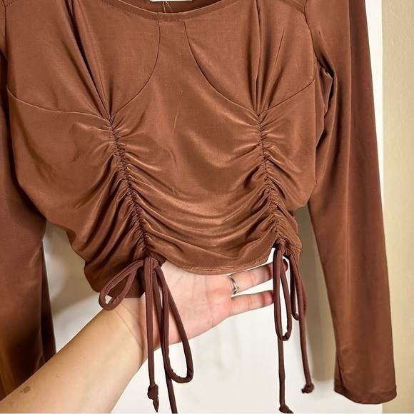 Haley&June Chocolate Ruched Detail Bardot Long Sleeve Crop Top Size XL - Picture 5 of 8